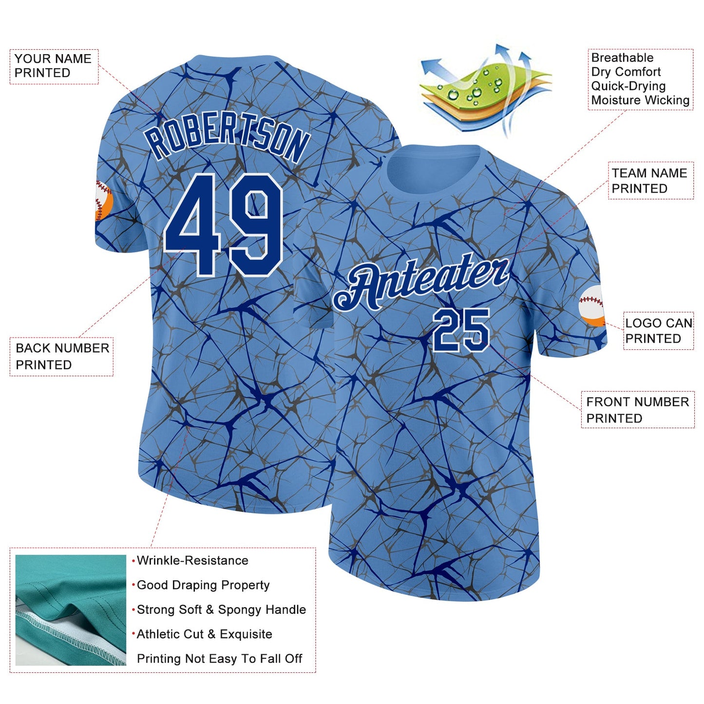 Custom Light Blue Royal Gray-White Abstract Network Crackle Performance T-Shirt view 2