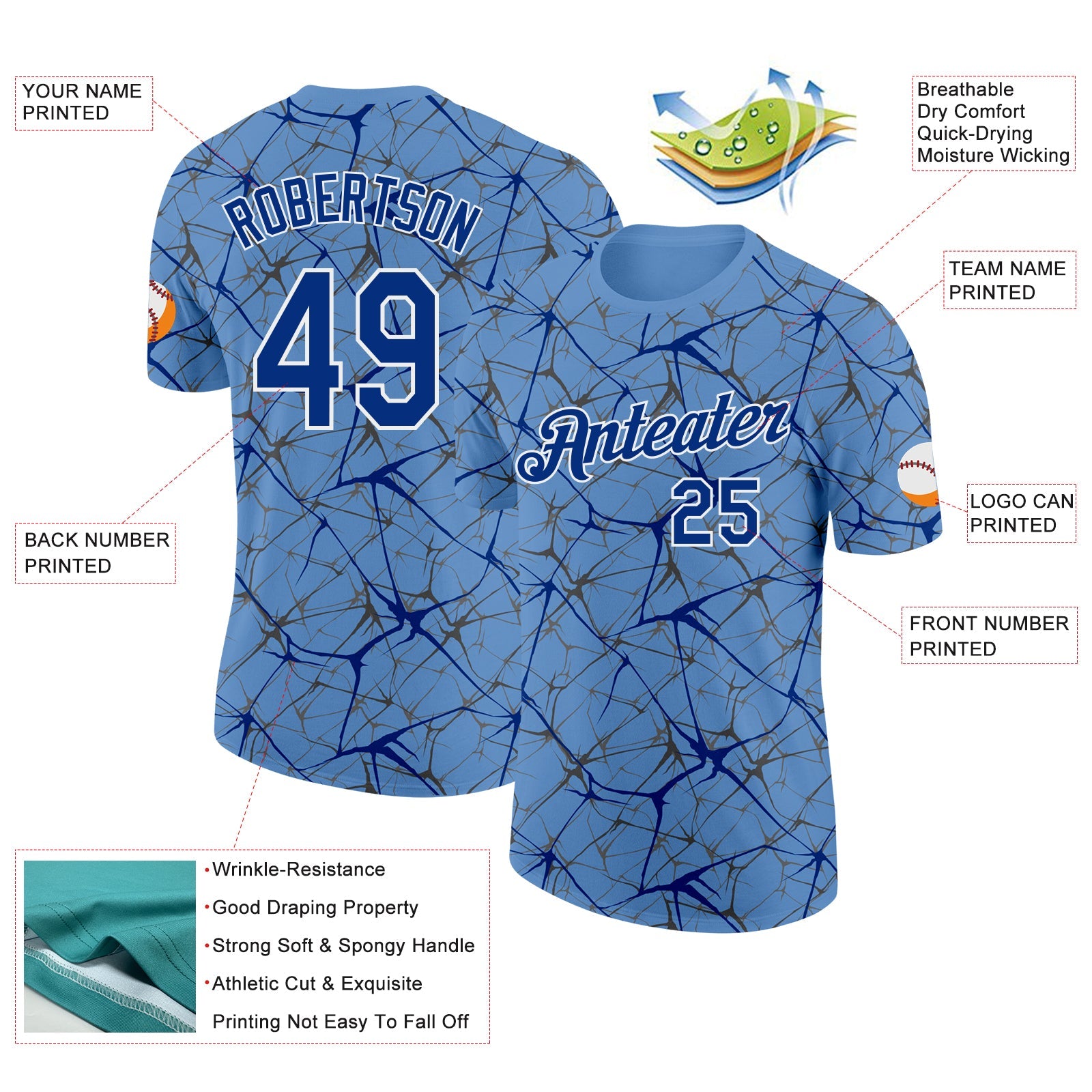 Custom Light Blue Royal Gray-White Abstract Network Crackle Performance T-Shirt view 2