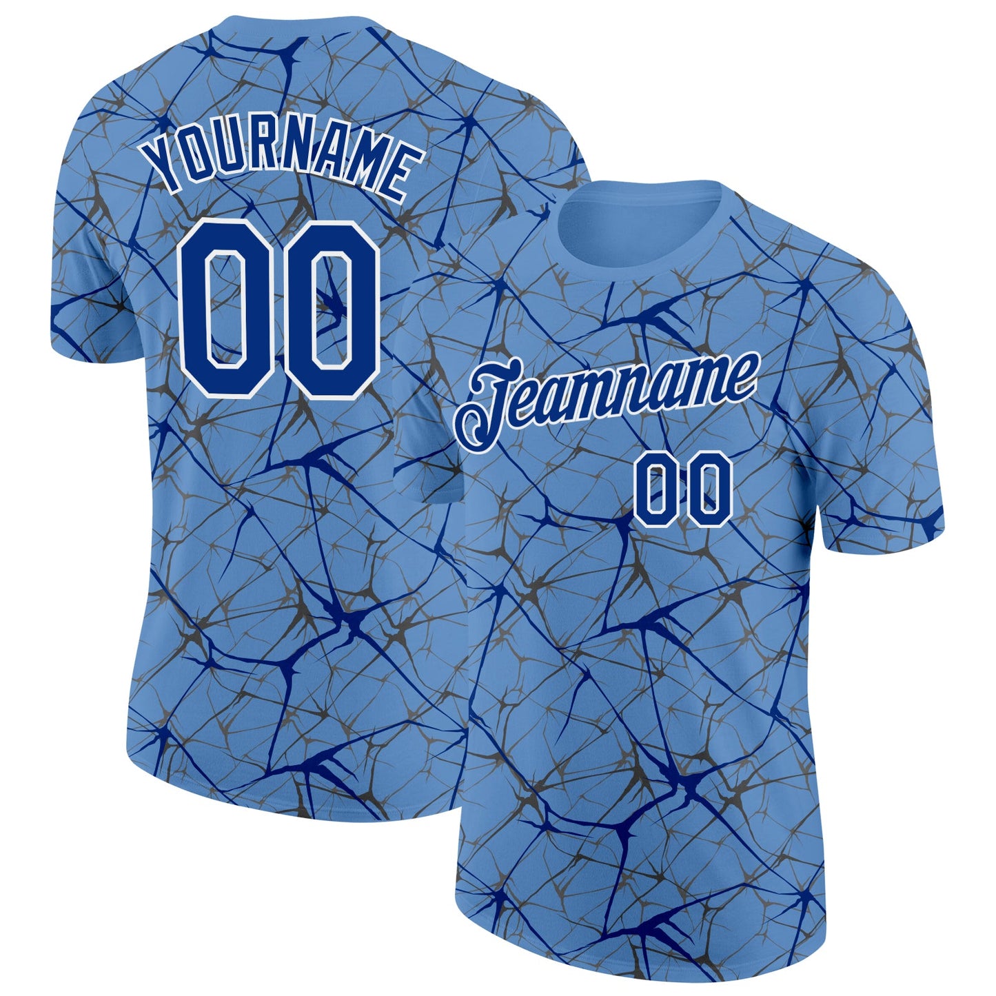 Custom Light Blue Royal Gray-White Abstract Network Crackle Performance T-Shirt - Main View