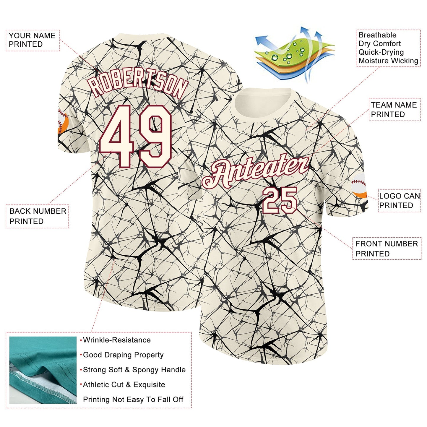 Custom Cream Black Gray-Crimson Abstract Network Crackle Performance T-Shirt view 2