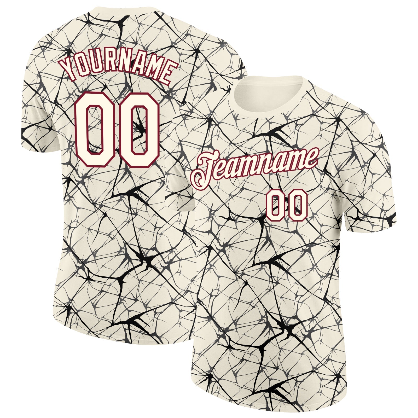 Custom Cream Black Gray-Crimson Abstract Network Crackle Performance T-Shirt - Main View