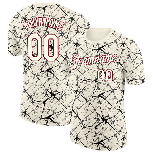 Custom Cream Black Gray-Crimson Abstract Network Crackle Performance T-Shirt - Main View