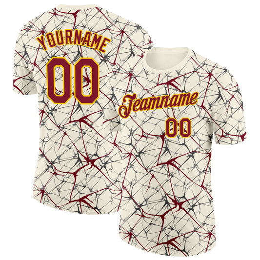 Custom Cream Crimson Gray-Yellow Abstract Network Crackle Performance T-Shirt - Main View