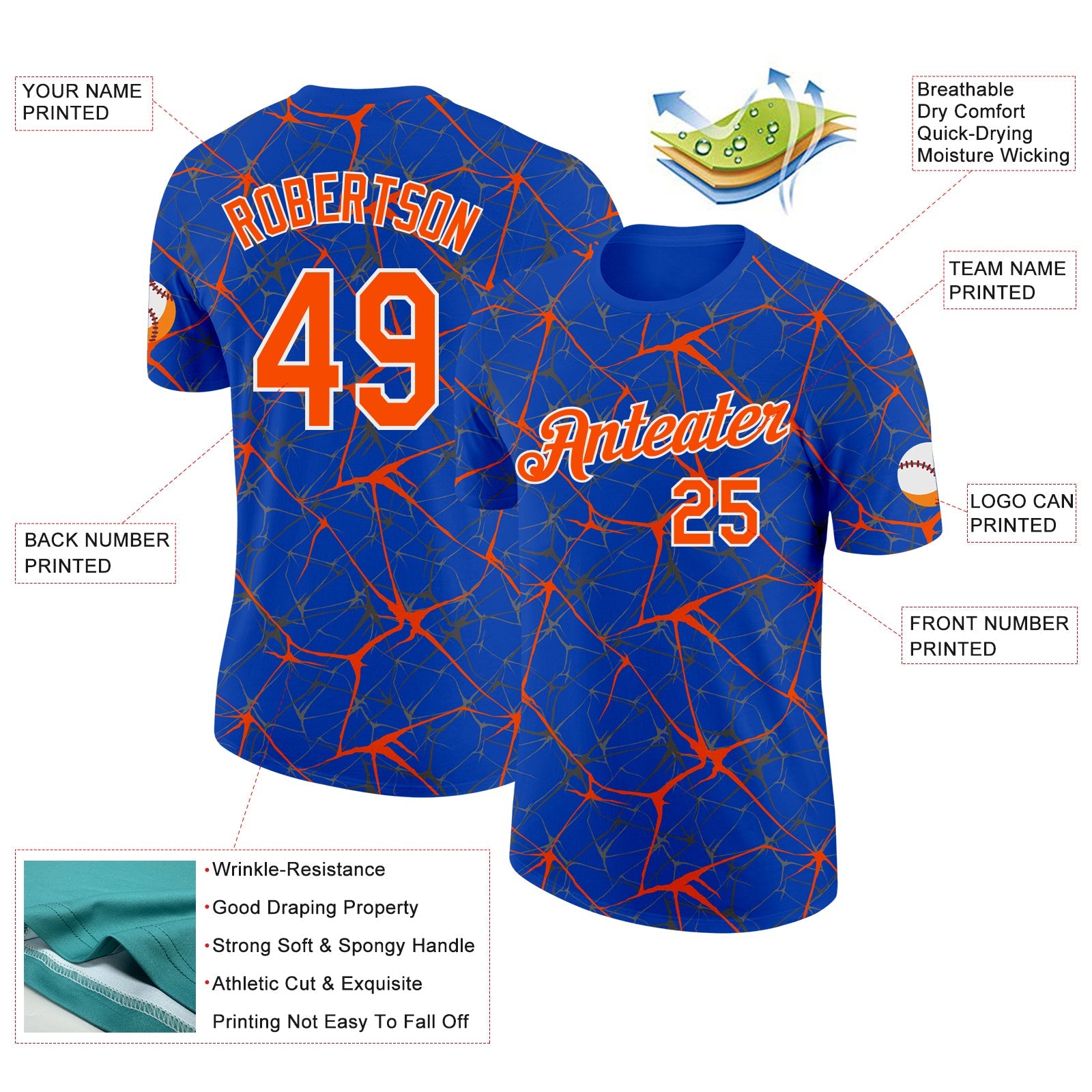 Custom Thunder Blue Orange Gray-White Abstract Network Crackle Performance T-Shirt view 2