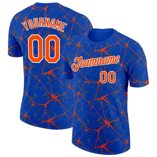 Custom Thunder Blue Orange Gray-White Abstract Network Crackle Performance T-Shirt - Main View