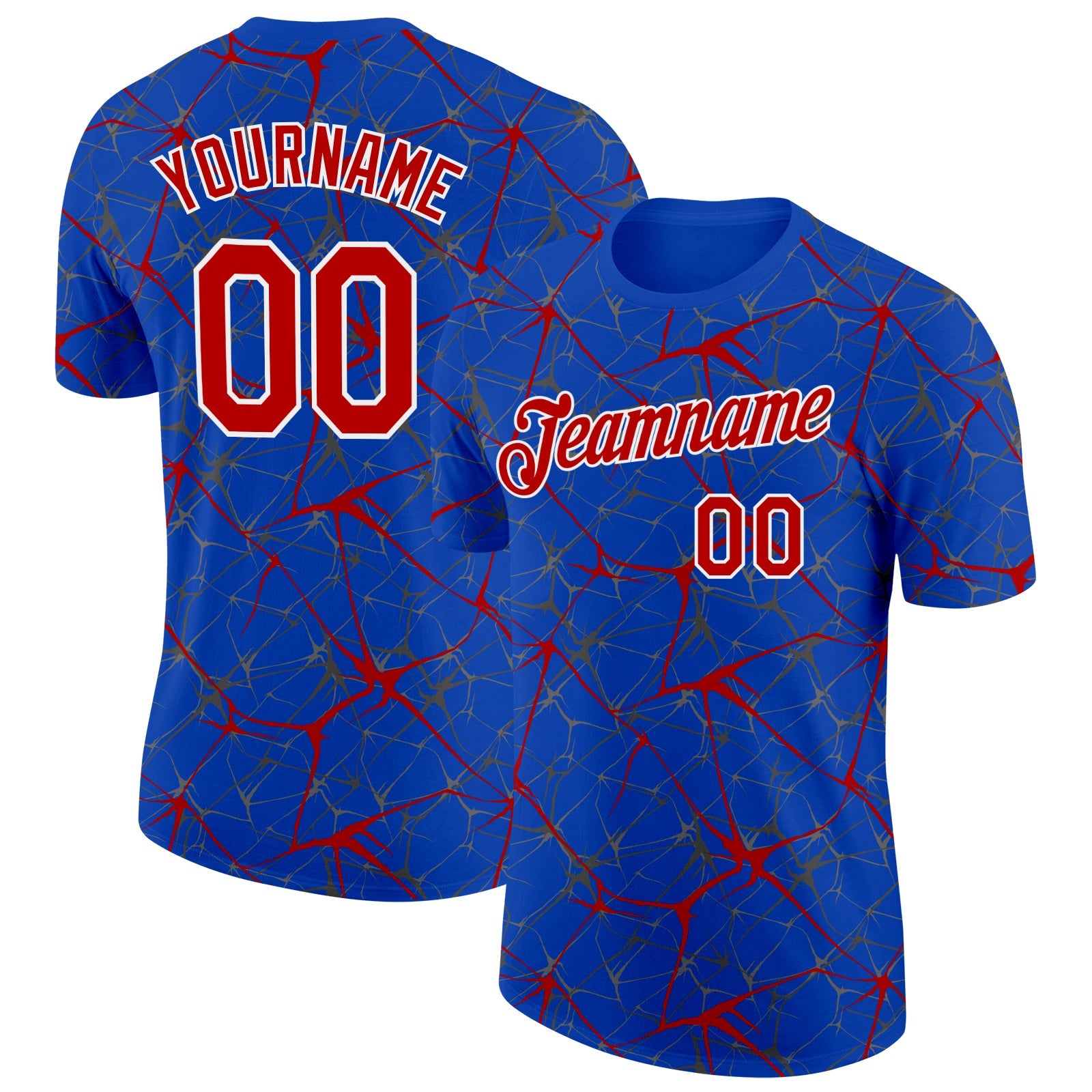 Custom Thunder Blue Red Gray-White Abstract Network Crackle Performance T-Shirt - Main View
