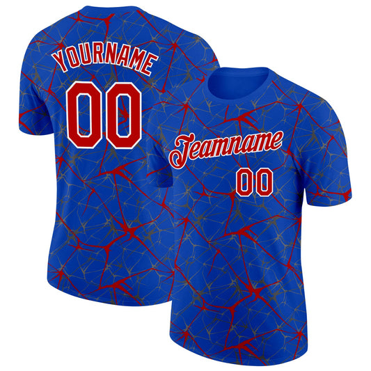 Custom Thunder Blue Red Gray-White Abstract Network Crackle Performance T-Shirt - Main View