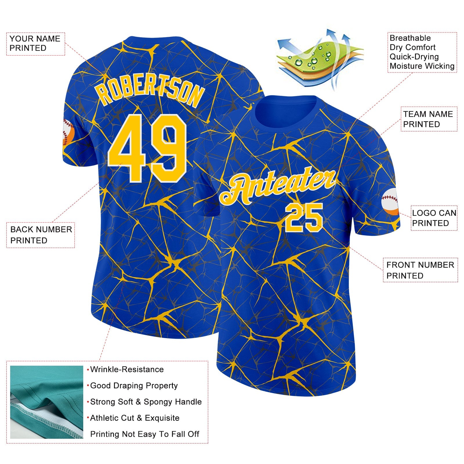 Custom Thunder Blue Yellow Gray-White Abstract Network Crackle Performance T-Shirt view 2