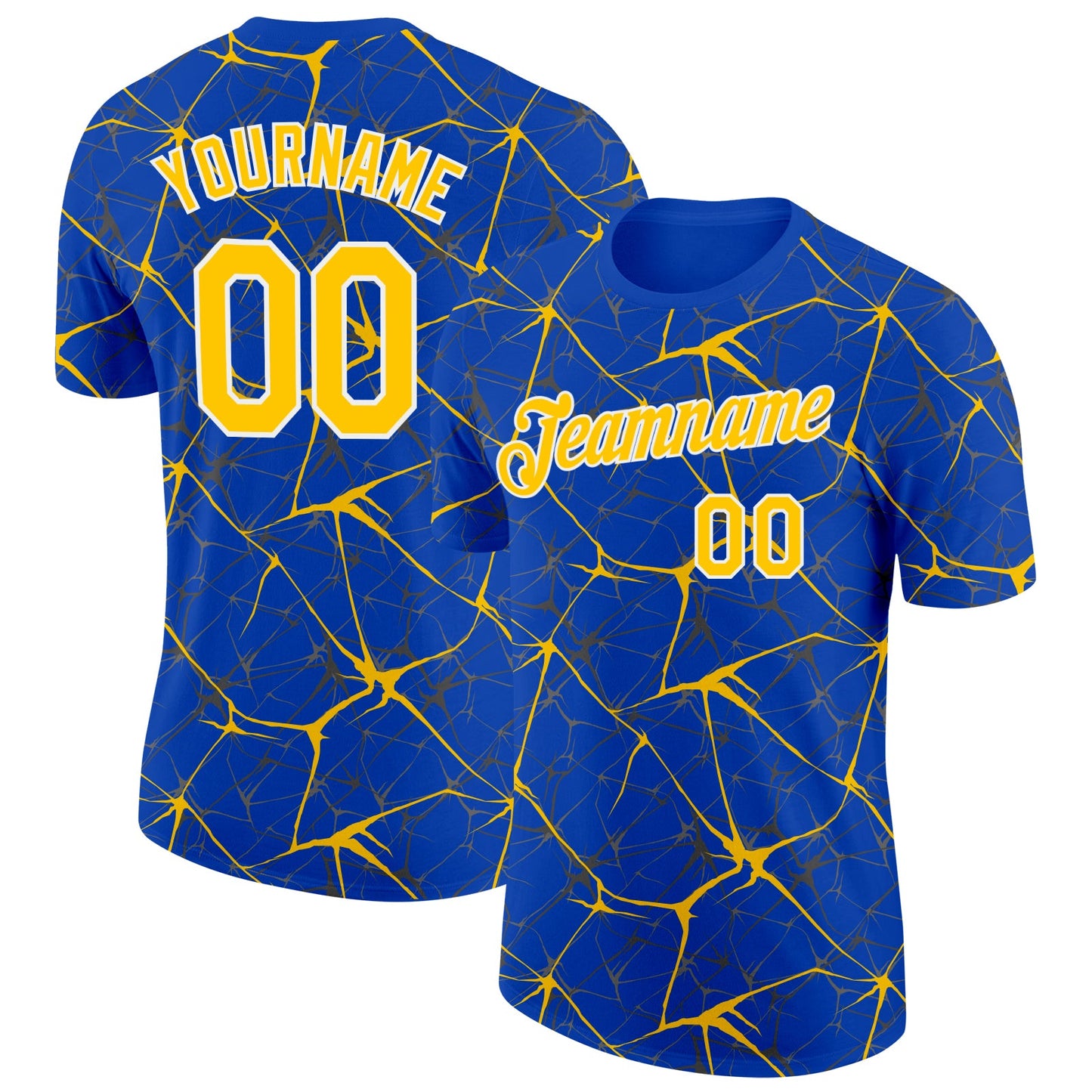 Custom Thunder Blue Yellow Gray-White Abstract Network Crackle Performance T-Shirt - Main View
