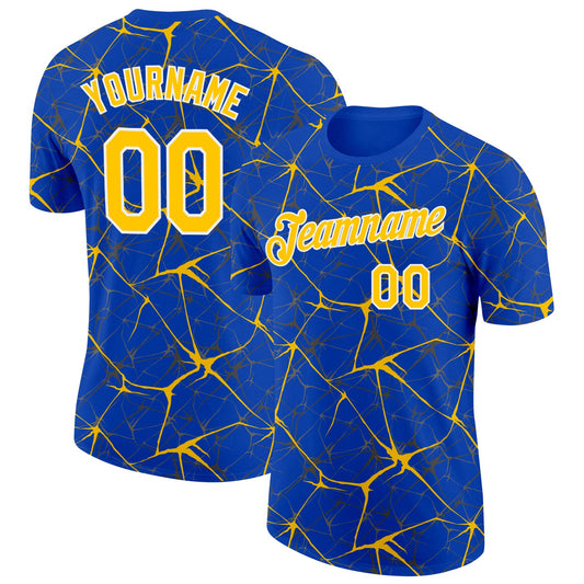 Custom Thunder Blue Yellow Gray-White Abstract Network Crackle Performance T-Shirt - Main View