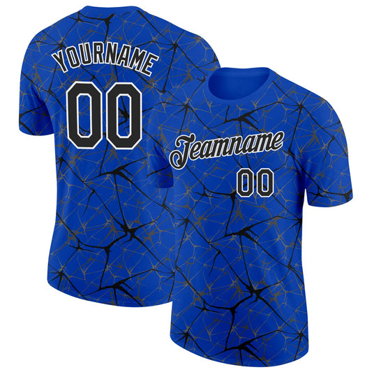 Custom Thunder Blue Black Gray-White Abstract Network Crackle Performance T-Shirt - Main View