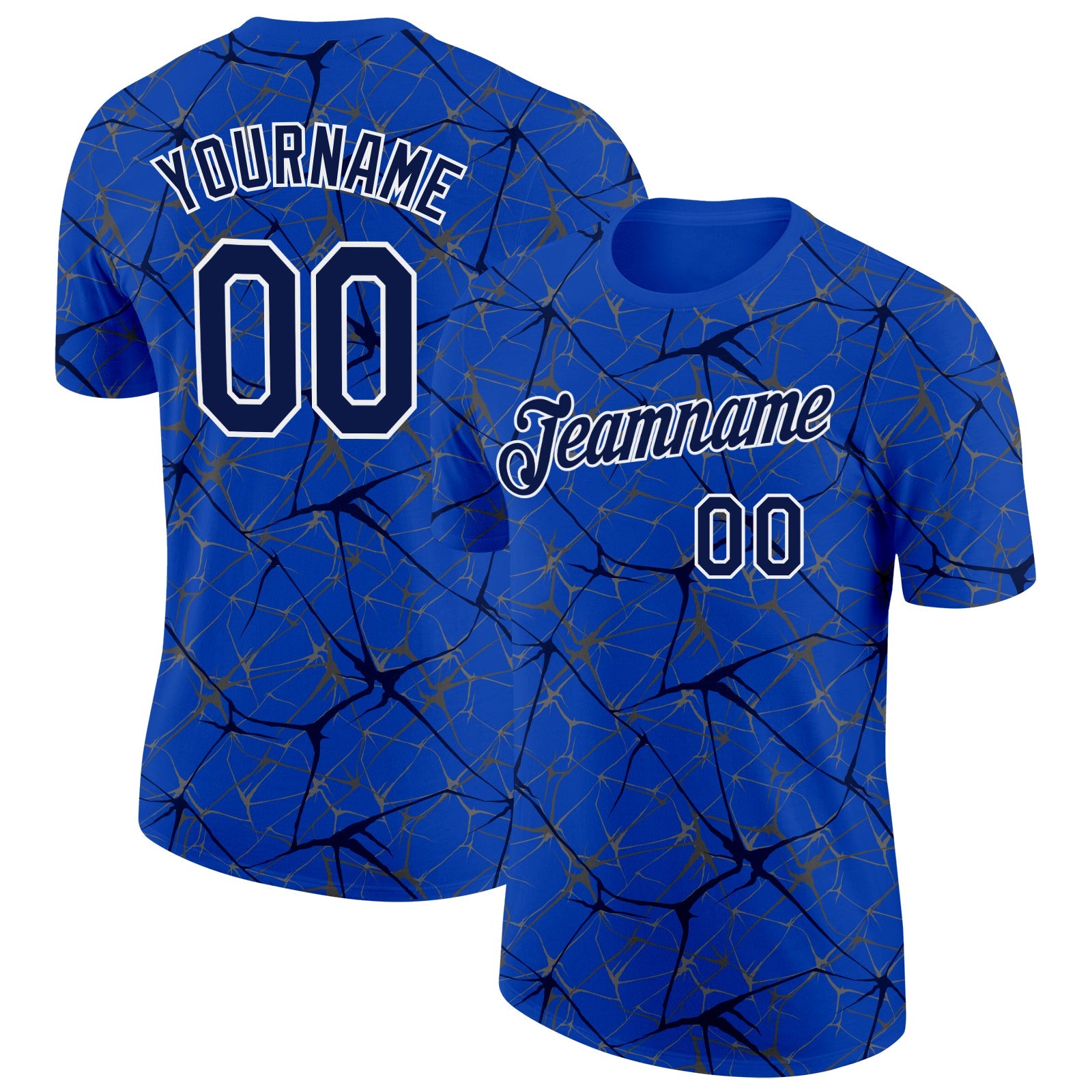 Custom Thunder Blue Navy Gray-White Abstract Network Crackle Performance T-Shirt - Main View