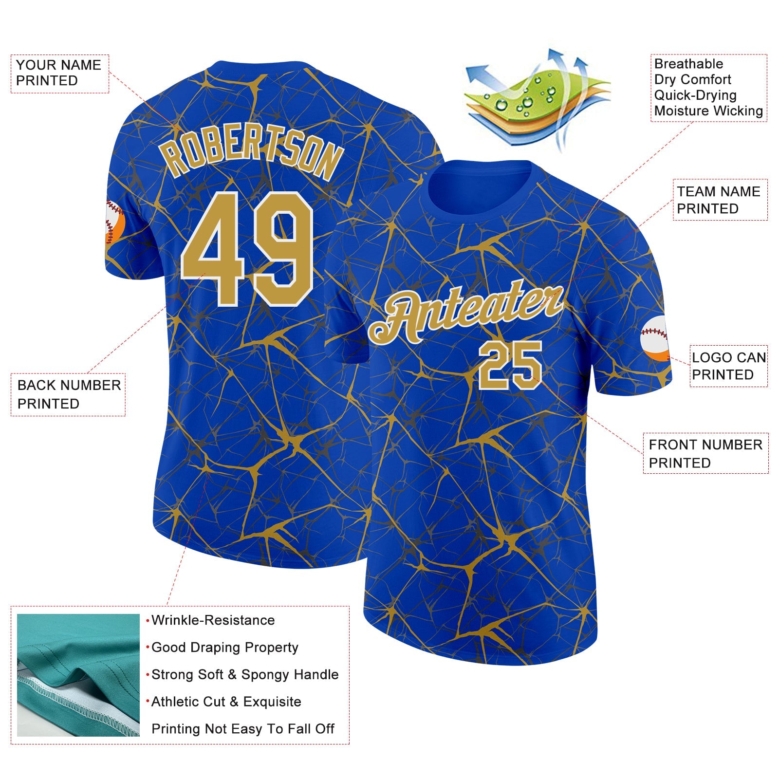 Custom Thunder Blue Old Gold Gray-White Abstract Network Crackle Performance T-Shirt view 2