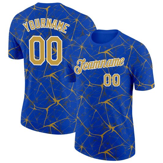 Custom Thunder Blue Old Gold Gray-White Abstract Network Crackle Performance T-Shirt - Main View