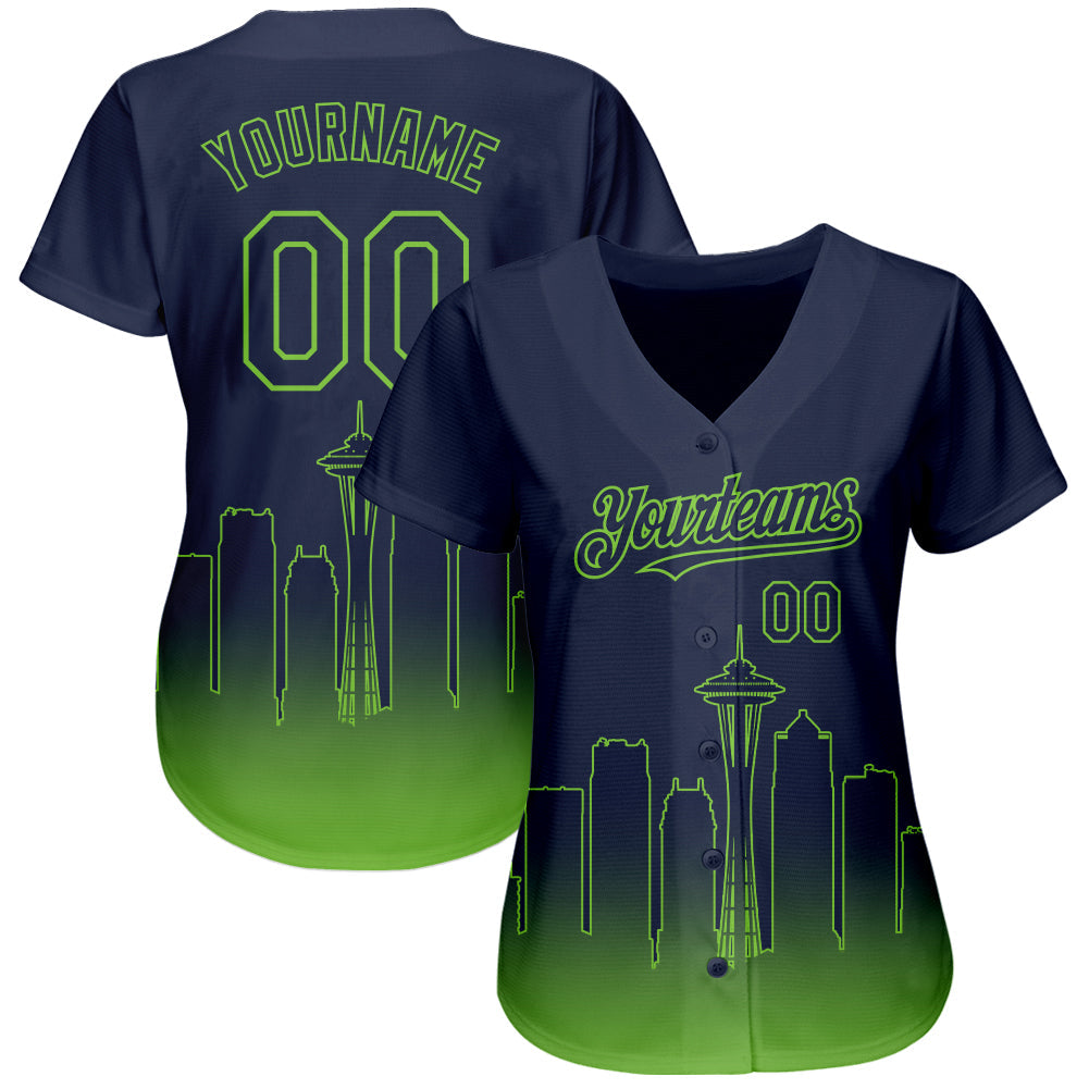 Custom Navy Neon Green 3D Seattle City Edition Fade Fashion Authentic Baseball Jersey view 2