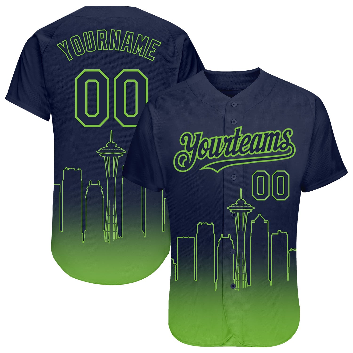 Custom Navy Neon Green 3D Seattle City Edition Fade Fashion Authentic Baseball Jersey - Main View