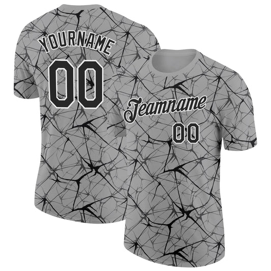Custom Gray Black-White Abstract Network Crackle Performance T-Shirt - Main View