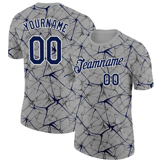 Custom Gray Navy-White Abstract Network Crackle Performance T-Shirt - Main View