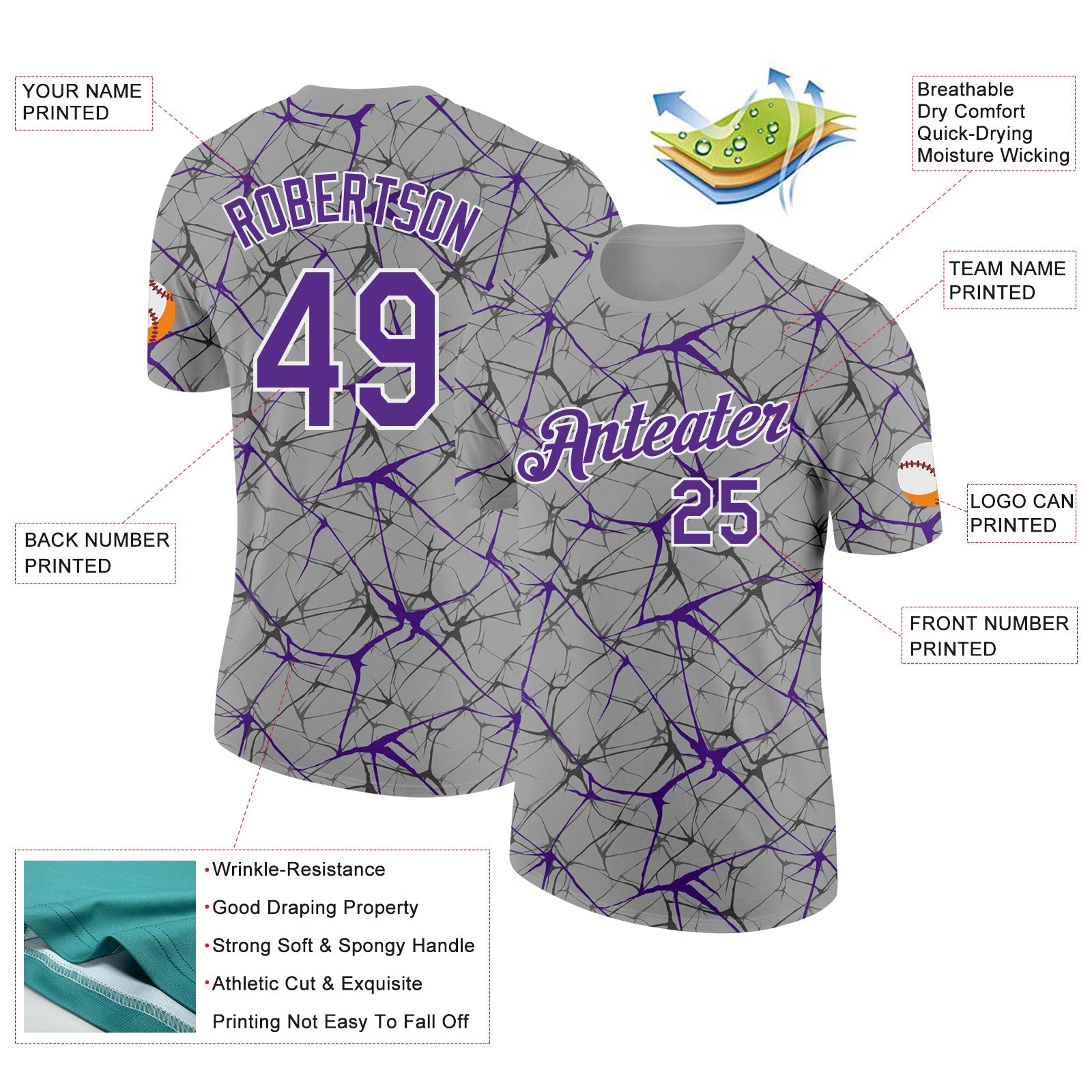 Custom Gray Purple-White Abstract Network Crackle Performance T-Shirt view 2