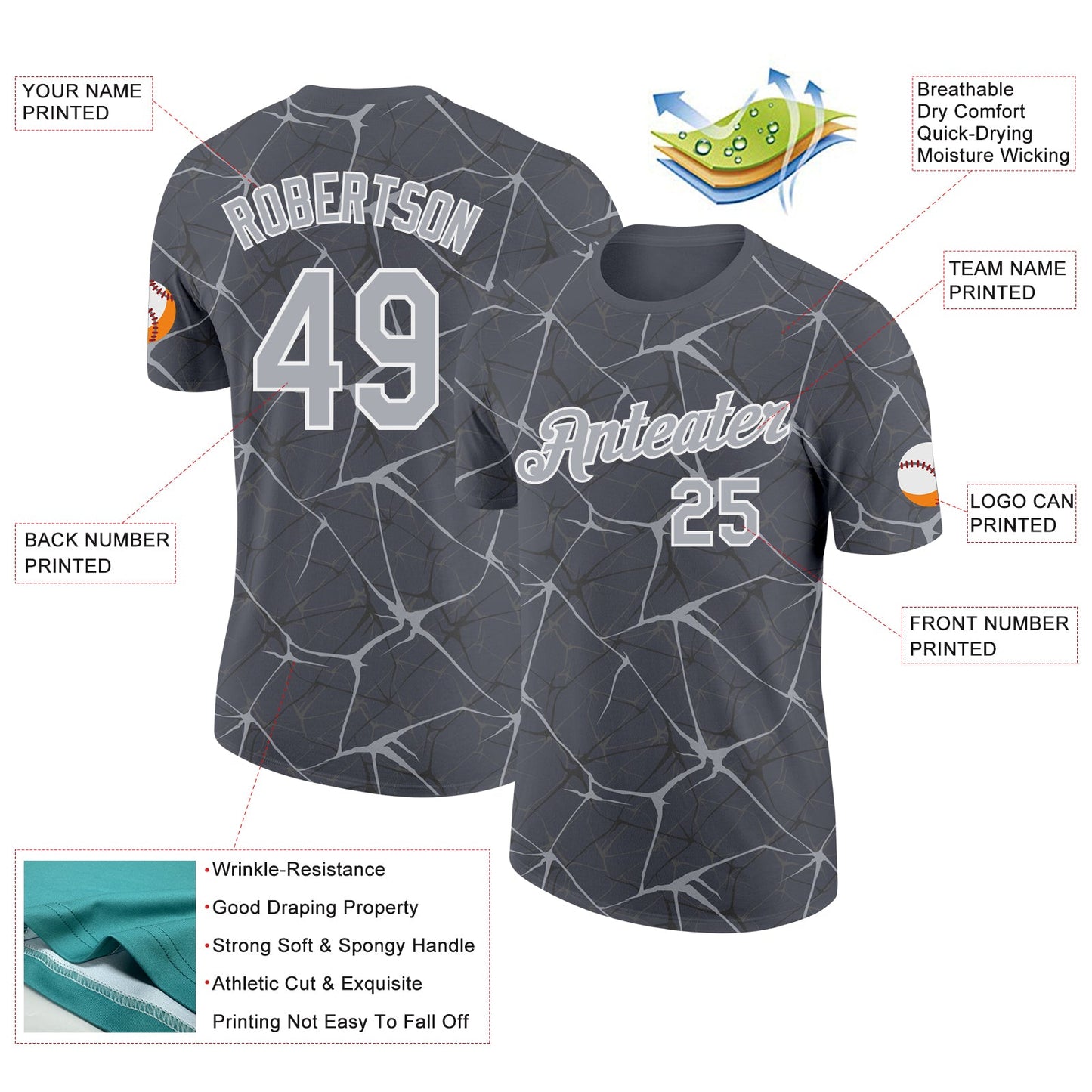Custom Steel Gray Gray-White Abstract Network Crackle Performance T-Shirt view 2