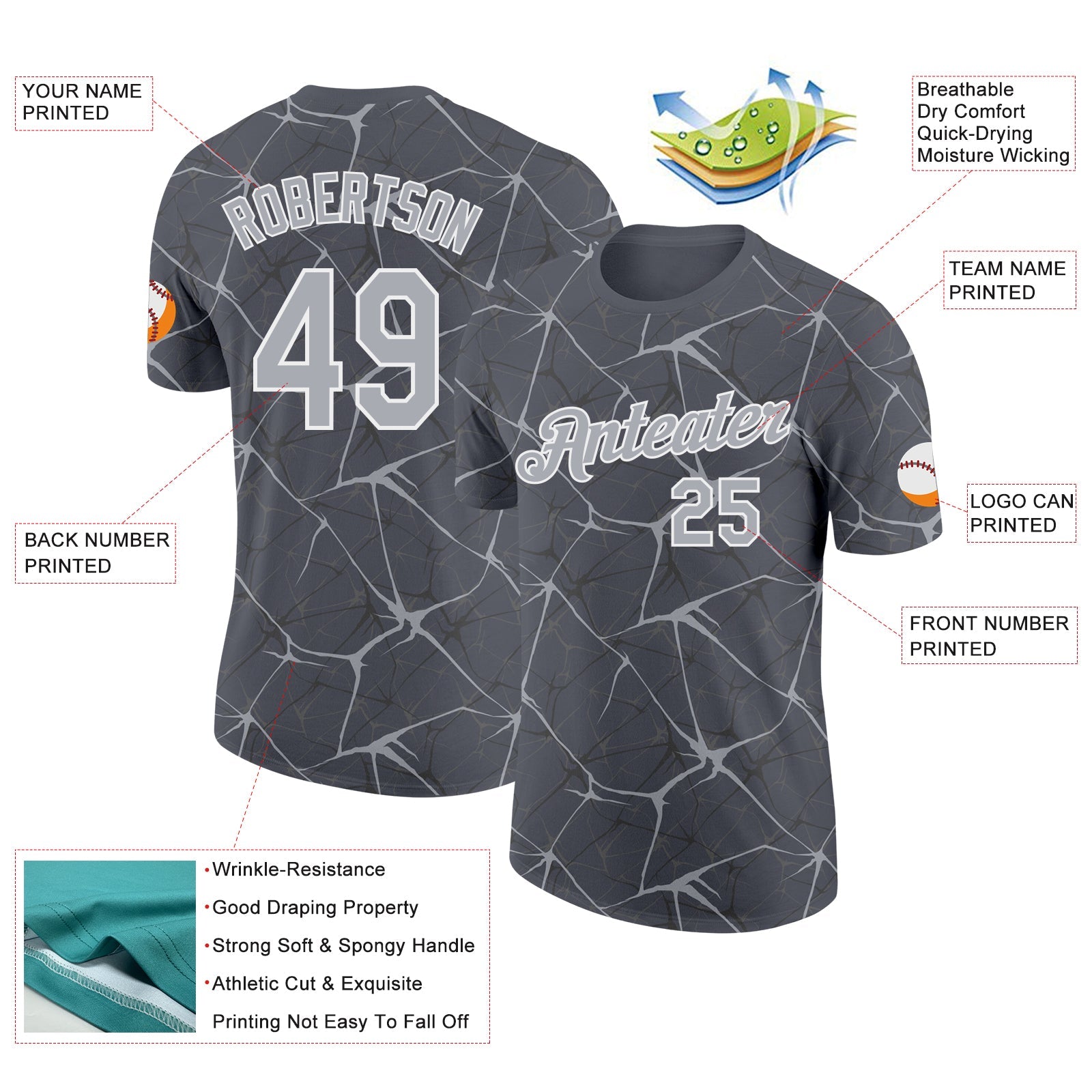 Custom Steel Gray Gray-White Abstract Network Crackle Performance T-Shirt view 2