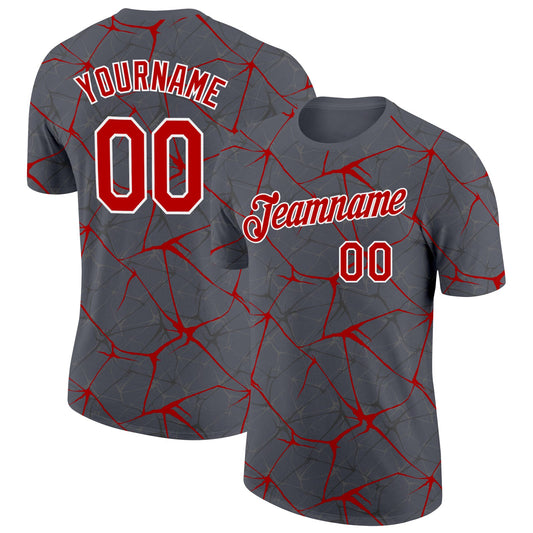 Custom Steel Gray Red-White Abstract Network Crackle Performance T-Shirt - Main View