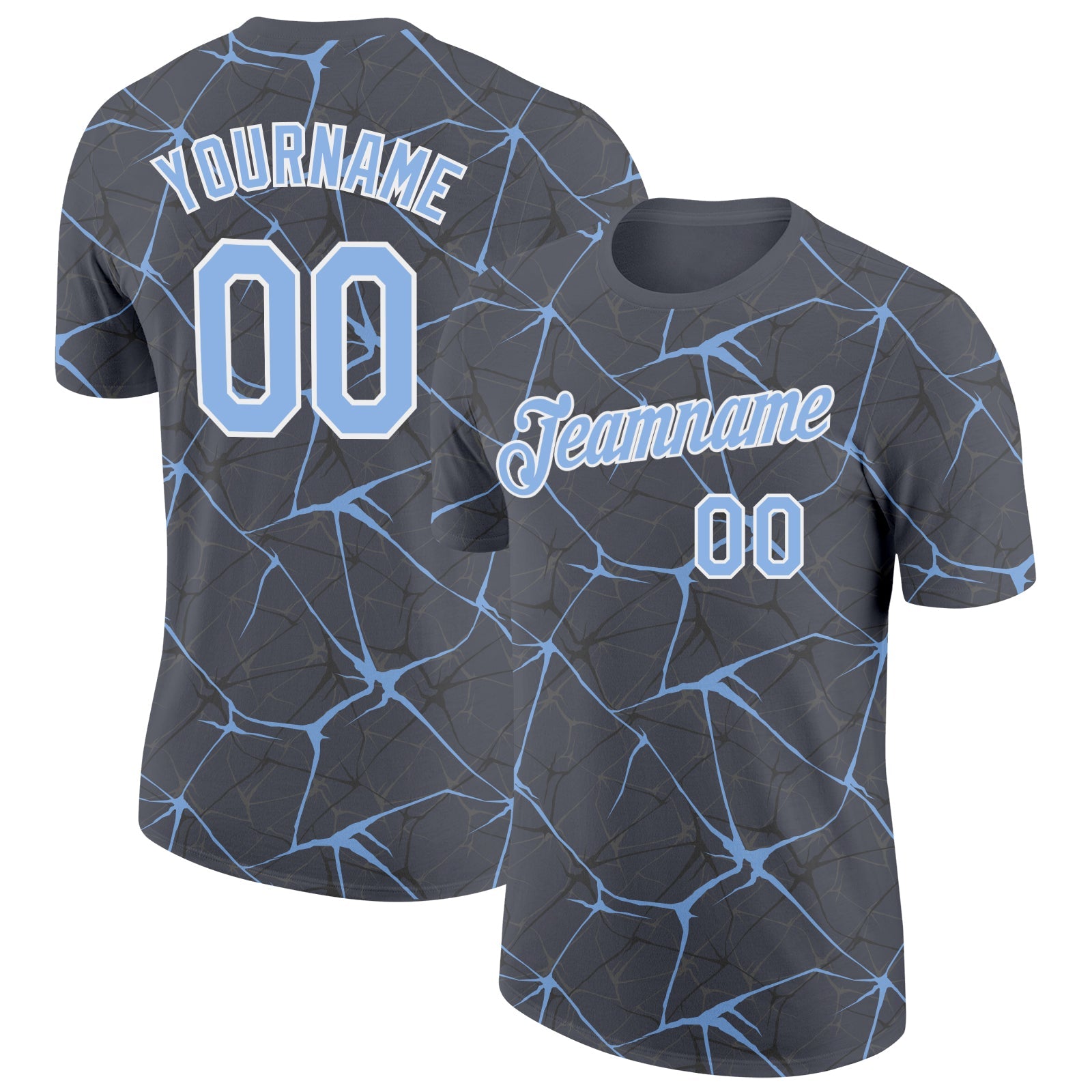 Custom Steel Gray Light Blue-White Abstract Network Crackle Performance T-Shirt - Main View