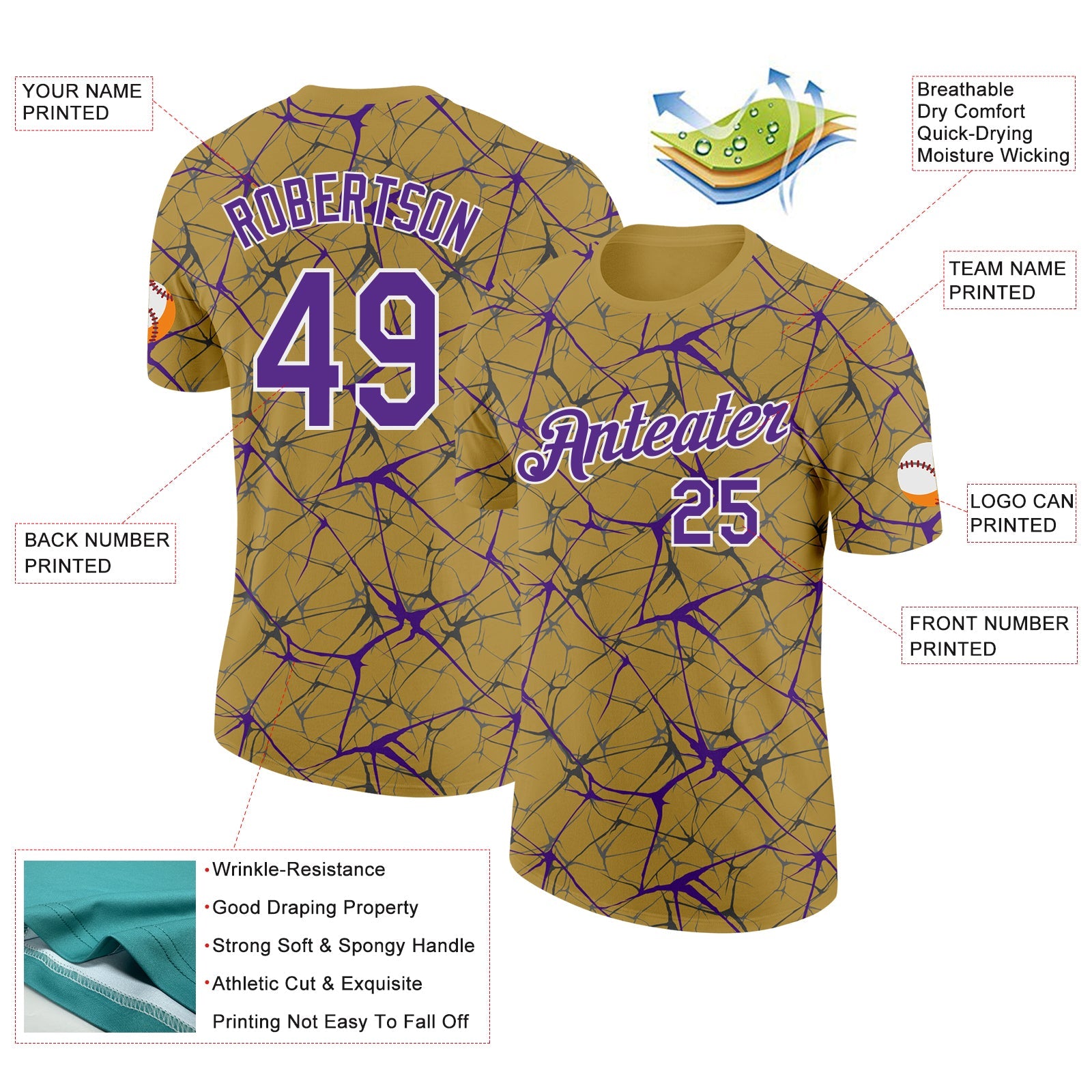Custom Old Gold Purple Gray-White Abstract Network Crackle Performance T-Shirt view 2