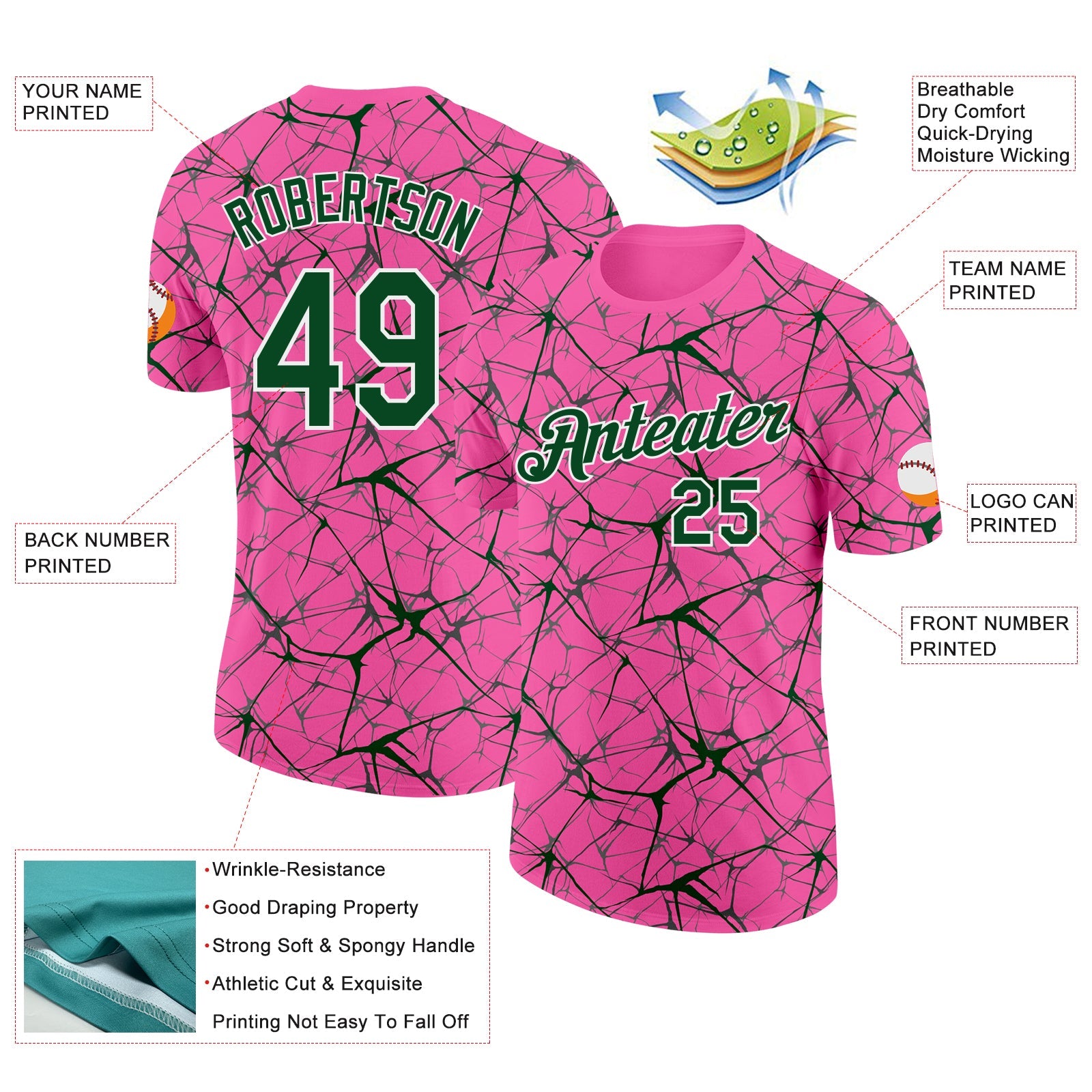 Custom Pink Green Gray-White Abstract Network Crackle Performance T-Shirt view 2