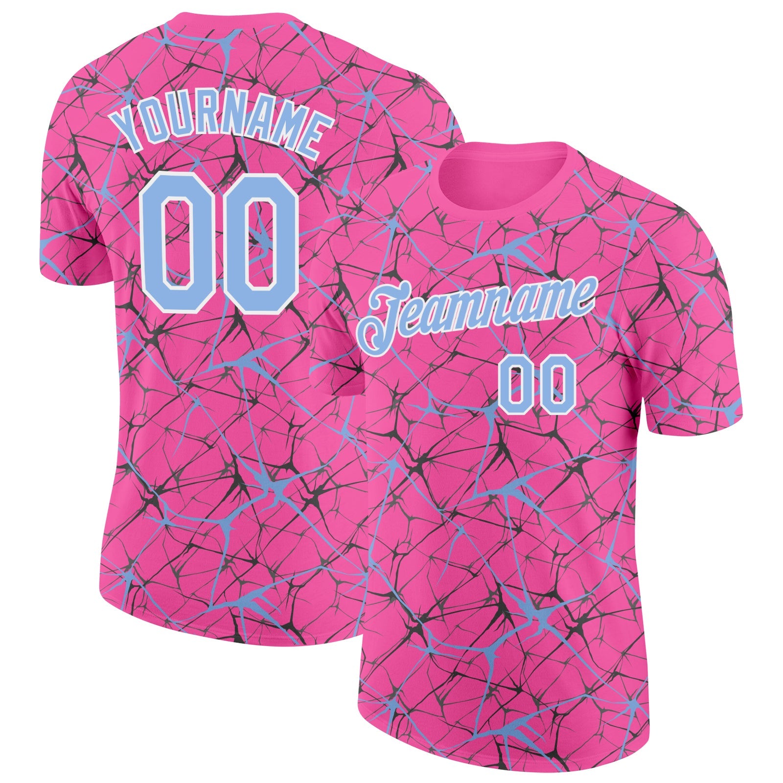 Custom Pink Light Blue Gray-White Abstract Network Crackle Performance T-Shirt - Main View