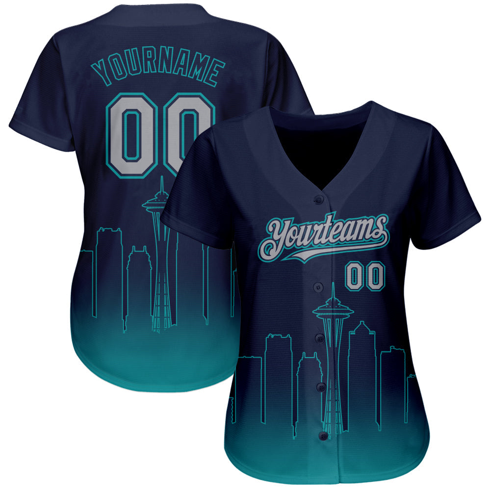 Custom Navy Gray-Teal 3D Seattle City Edition Fade Fashion Authentic Baseball Jersey view 2