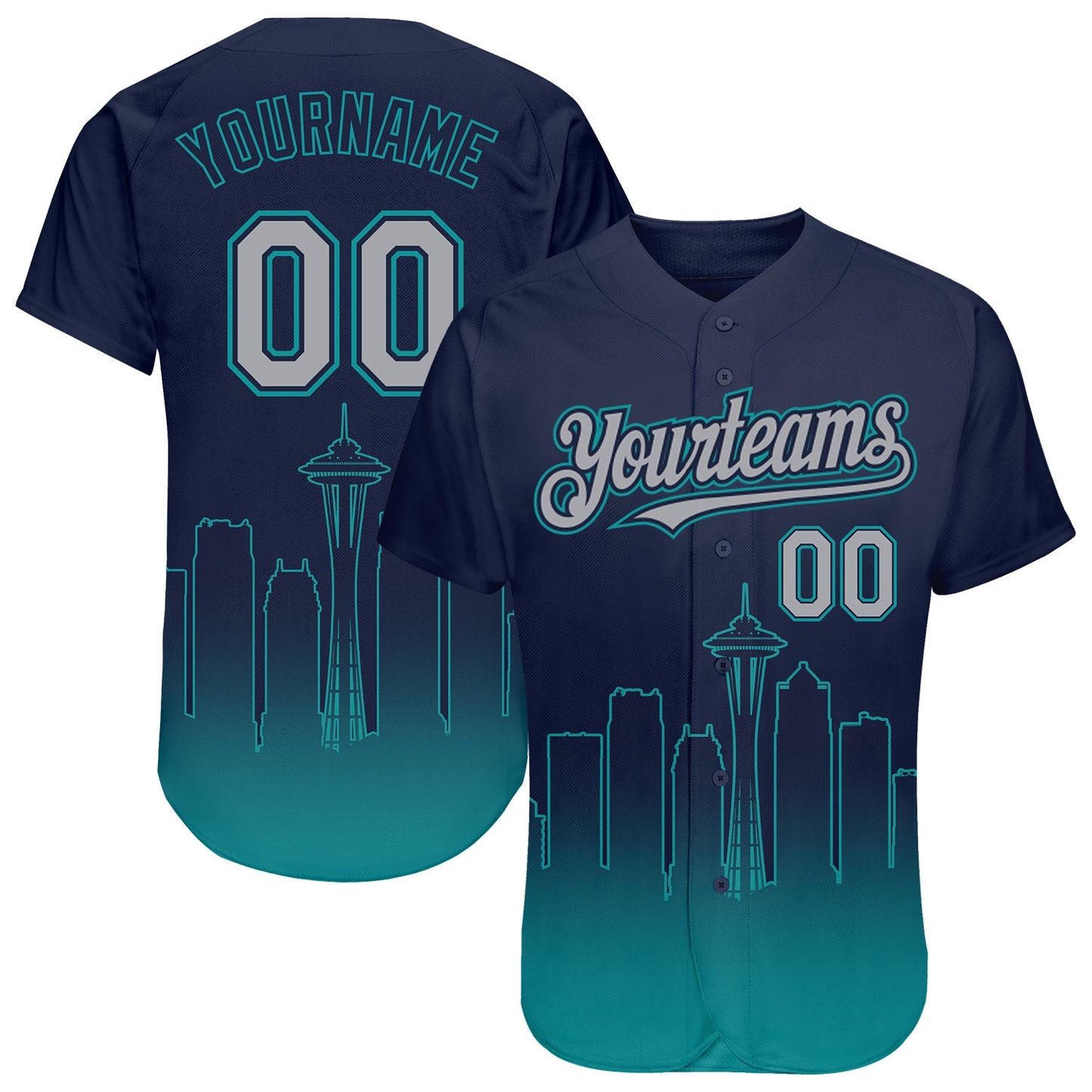Custom Navy Gray-Teal 3D Seattle City Edition Fade Fashion Authentic Baseball Jersey - Main View
