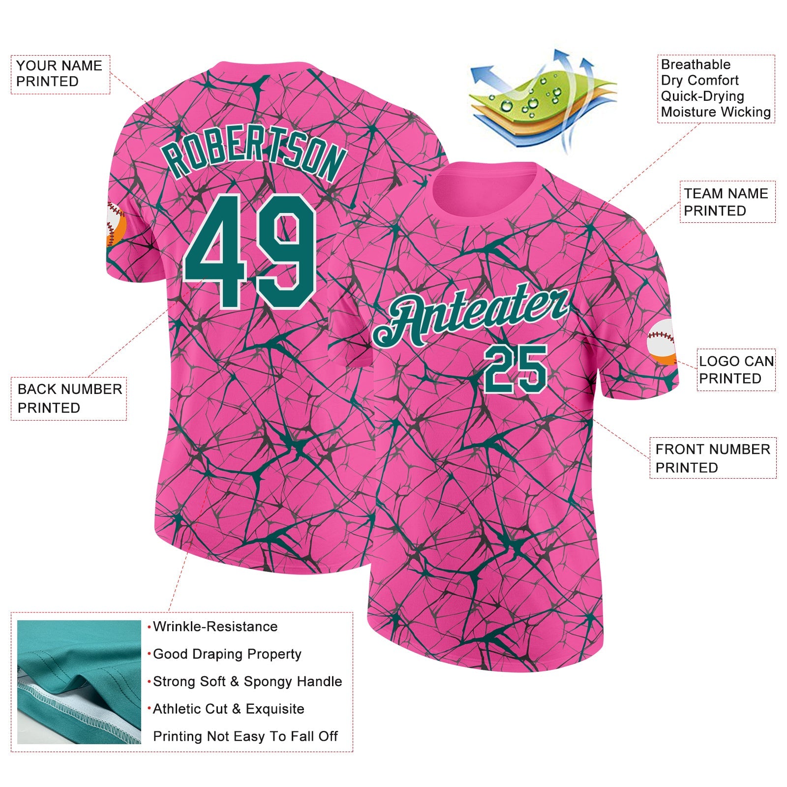 Custom Pink Teal Gray-White Abstract Network Crackle Performance T-Shirt view 2