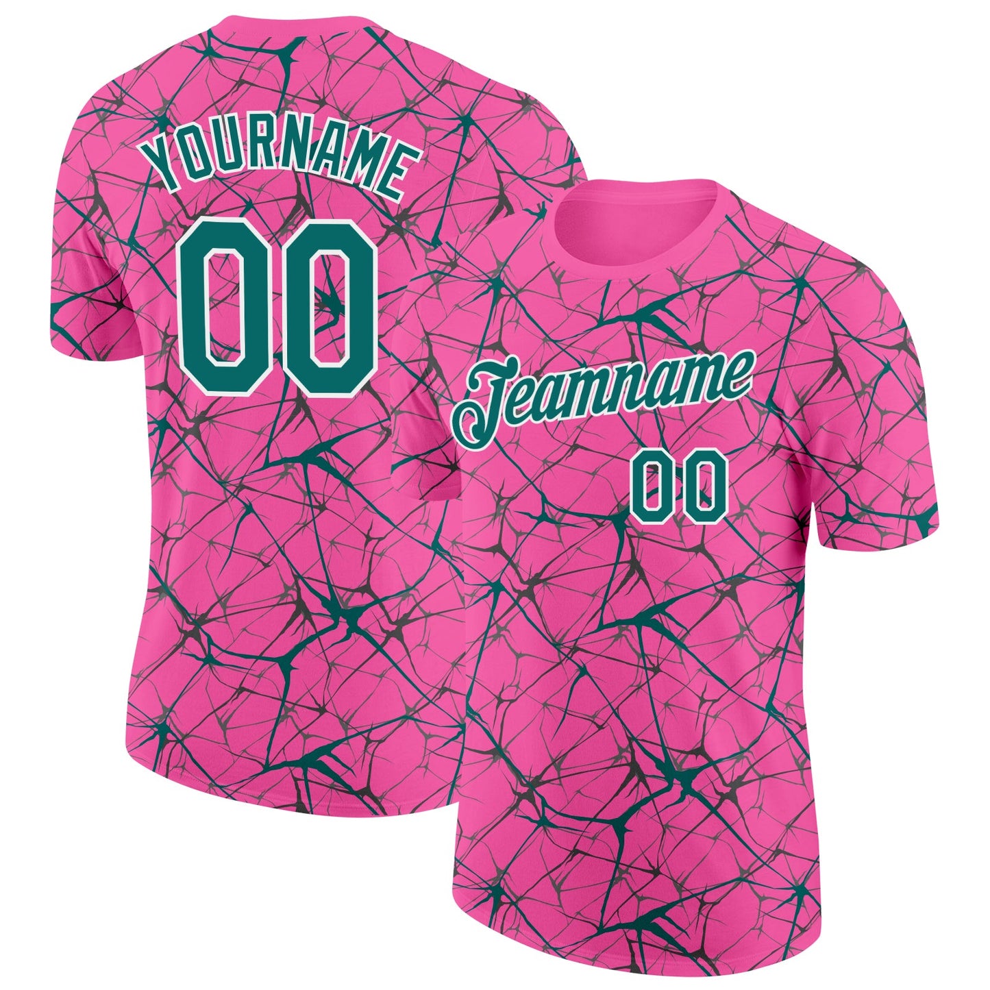 Custom Pink Teal Gray-White Abstract Network Crackle Performance T-Shirt - Main View