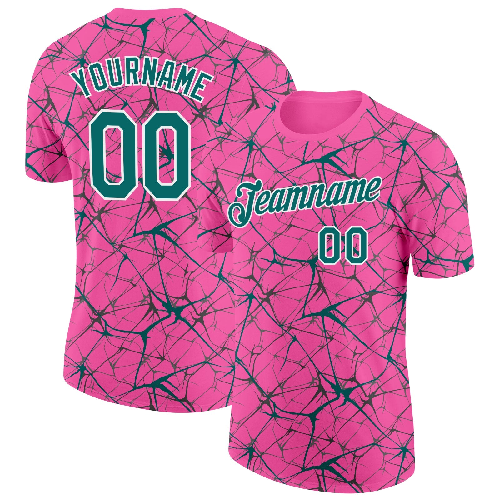 Custom Pink Teal Gray-White Abstract Network Crackle Performance T-Shirt - Main View