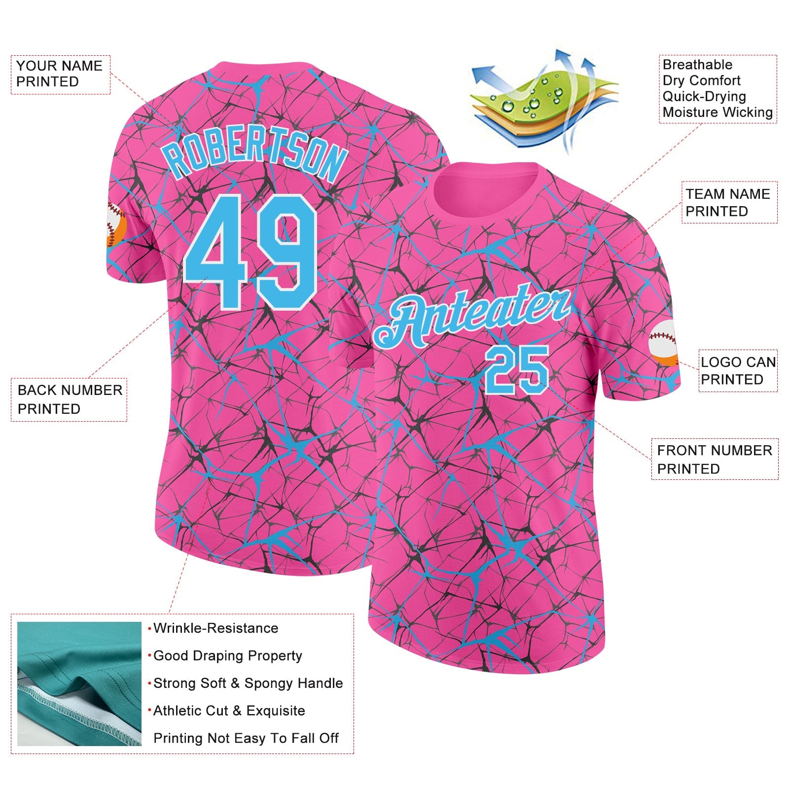 Custom Pink Sky Blue Gray-White Abstract Network Crackle Performance T-Shirt view 2