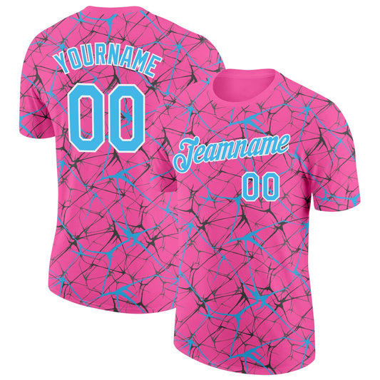 Custom Pink Sky Blue Gray-White Abstract Network Crackle Performance T-Shirt - Main View