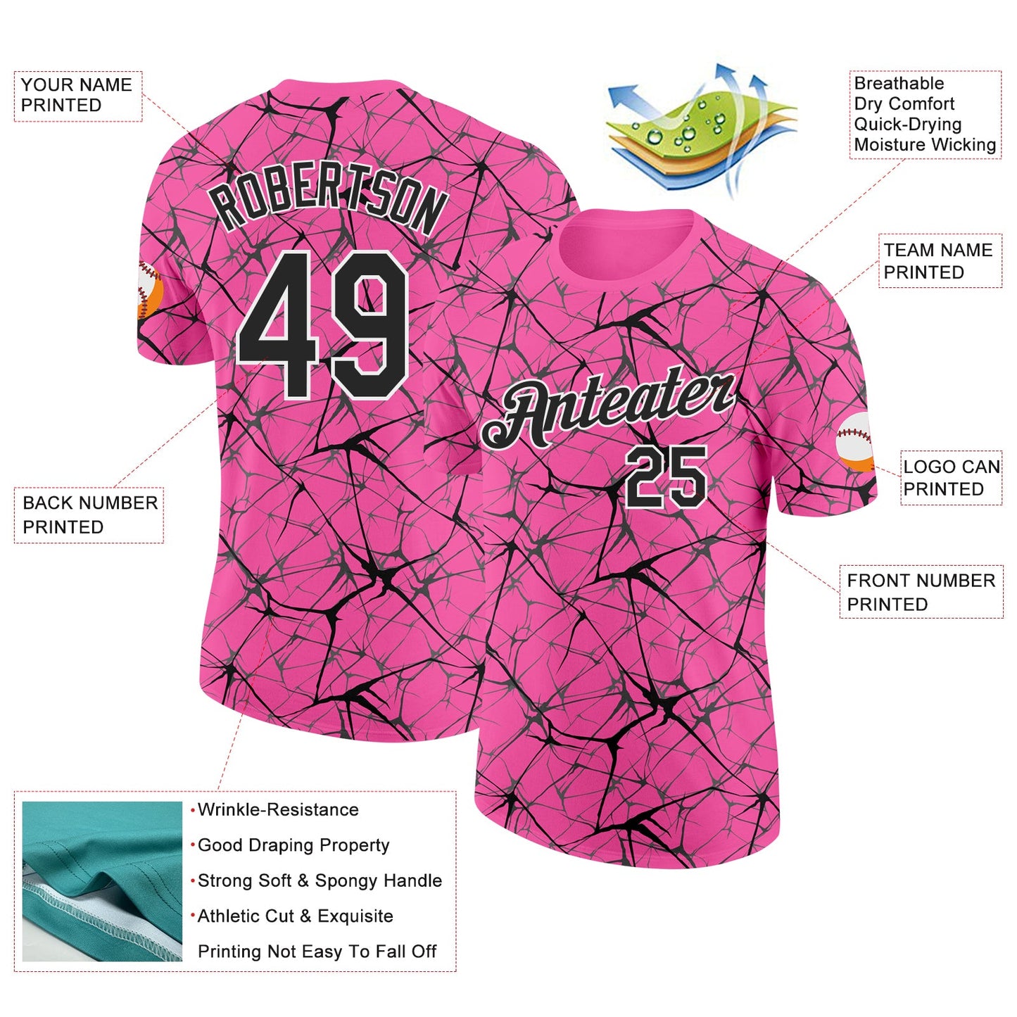 Custom Pink Black Gray-White Abstract Network Crackle Performance T-Shirt view 2