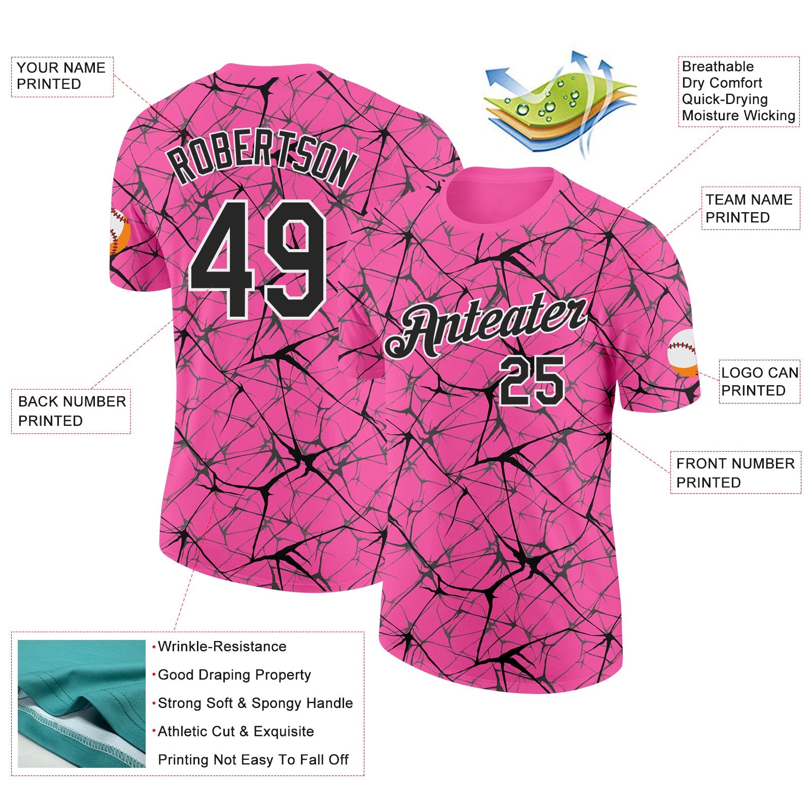 Custom Pink Black Gray-White Abstract Network Crackle Performance T-Shirt view 2