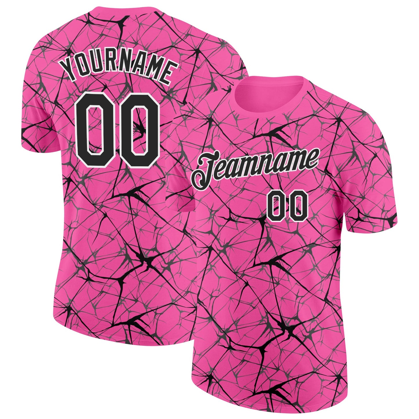 Custom Pink Black Gray-White Abstract Network Crackle Performance T-Shirt - Main View