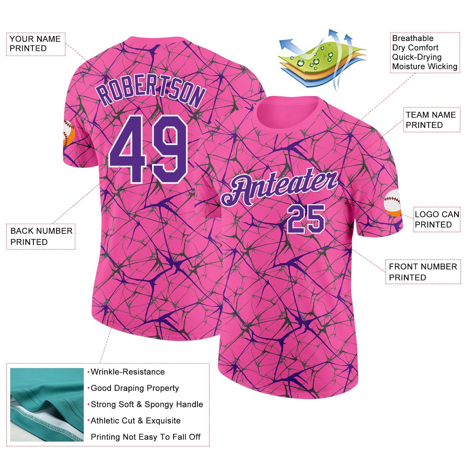 Custom Pink Purple Gray-White Abstract Network Crackle Performance T-Shirt view 2