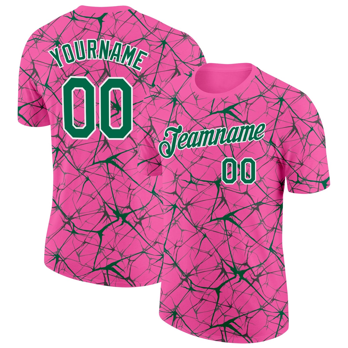 Custom Pink Kelly Green Gray-White Abstract Network Crackle Performance T-Shirt - Main View