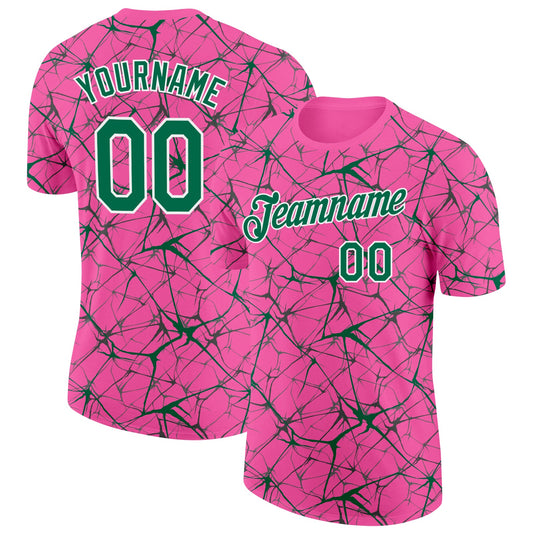 Custom Pink Kelly Green Gray-White Abstract Network Crackle Performance T-Shirt - Main View