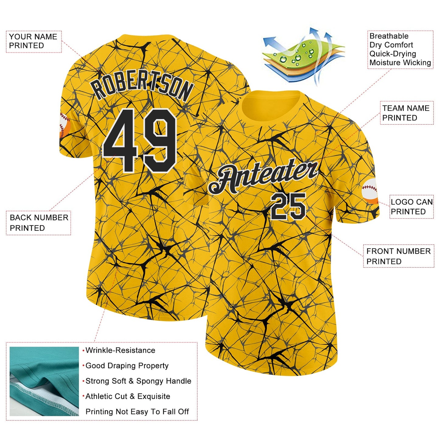 Custom Yellow Black Gray-White Abstract Network Crackle Performance T-Shirt view 2