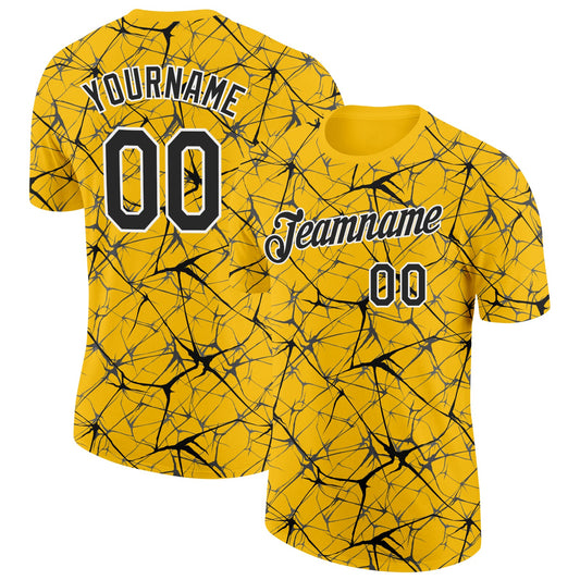 Custom Yellow Black Gray-White Abstract Network Crackle Performance T-Shirt - Main View