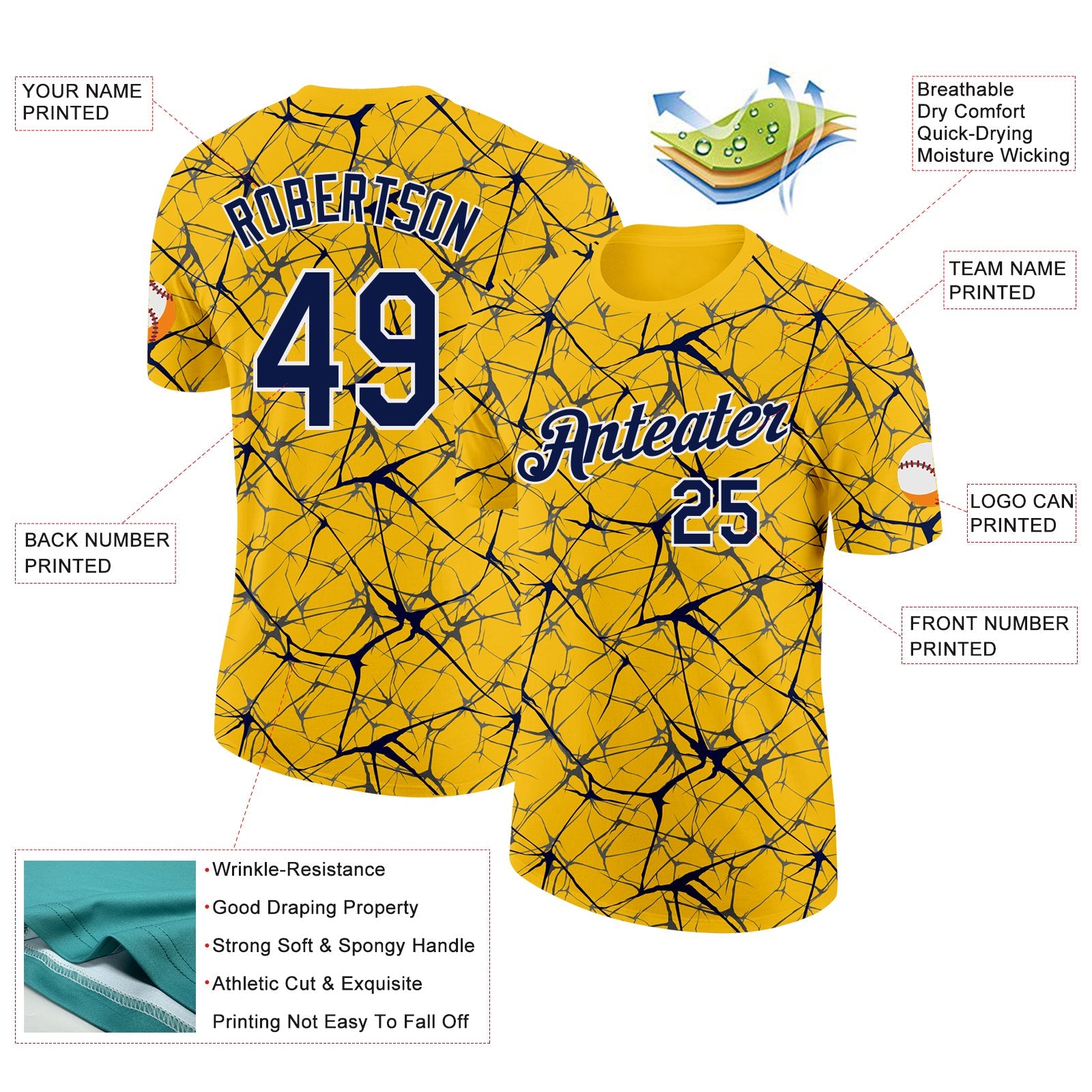 Custom Yellow Navy Gray-White Abstract Network Crackle Performance T-Shirt view 2