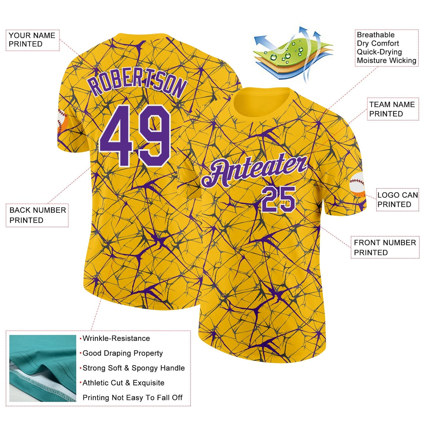 Custom Yellow Purple Gray-White Abstract Network Crackle Performance T-Shirt view 2