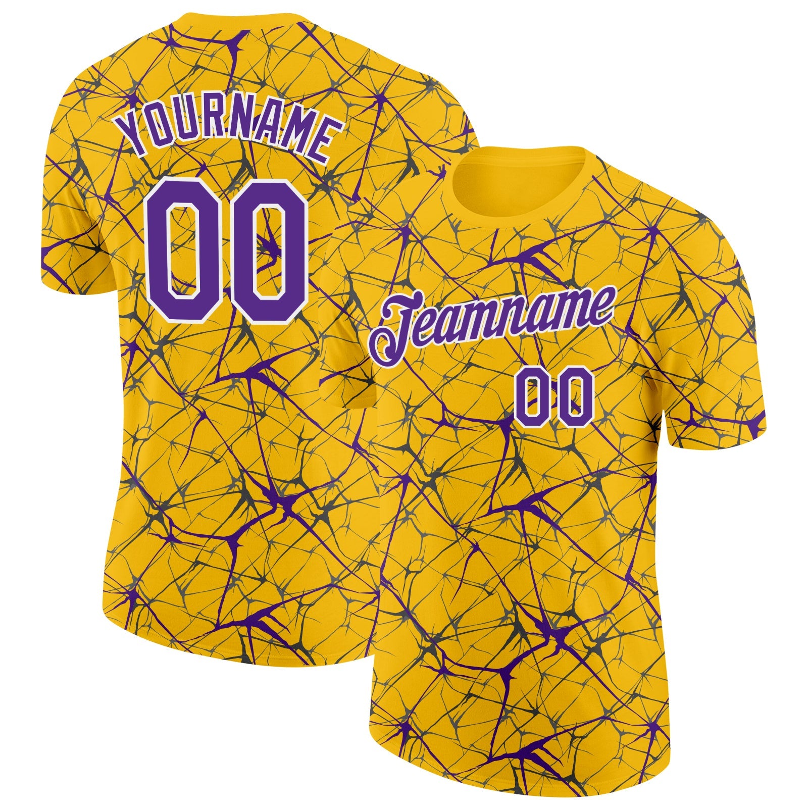 Custom Yellow Purple Gray-White Abstract Network Crackle Performance T-Shirt - Main View