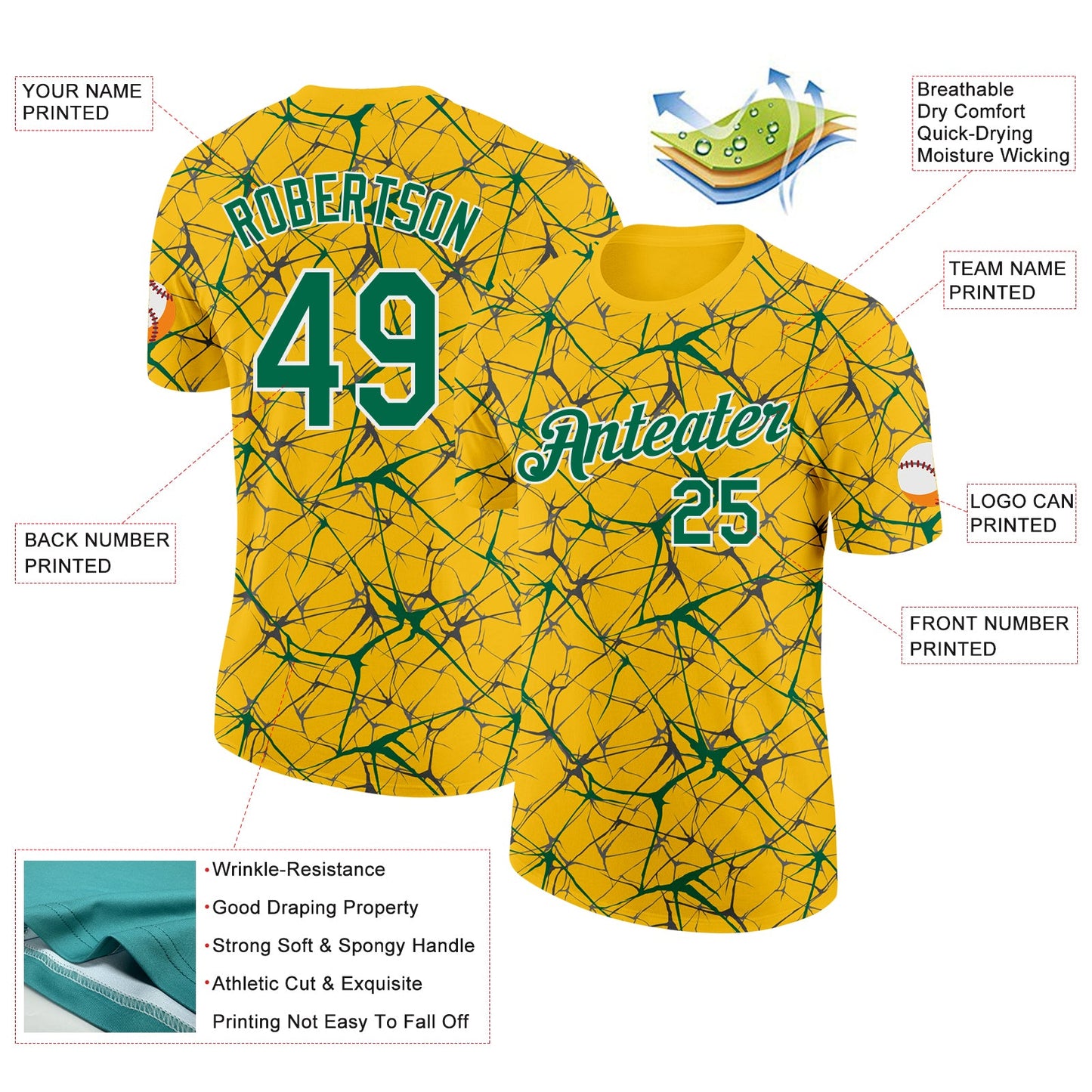 Custom Yellow Kelly Green Gray-White Abstract Network Crackle Performance T-Shirt view 2