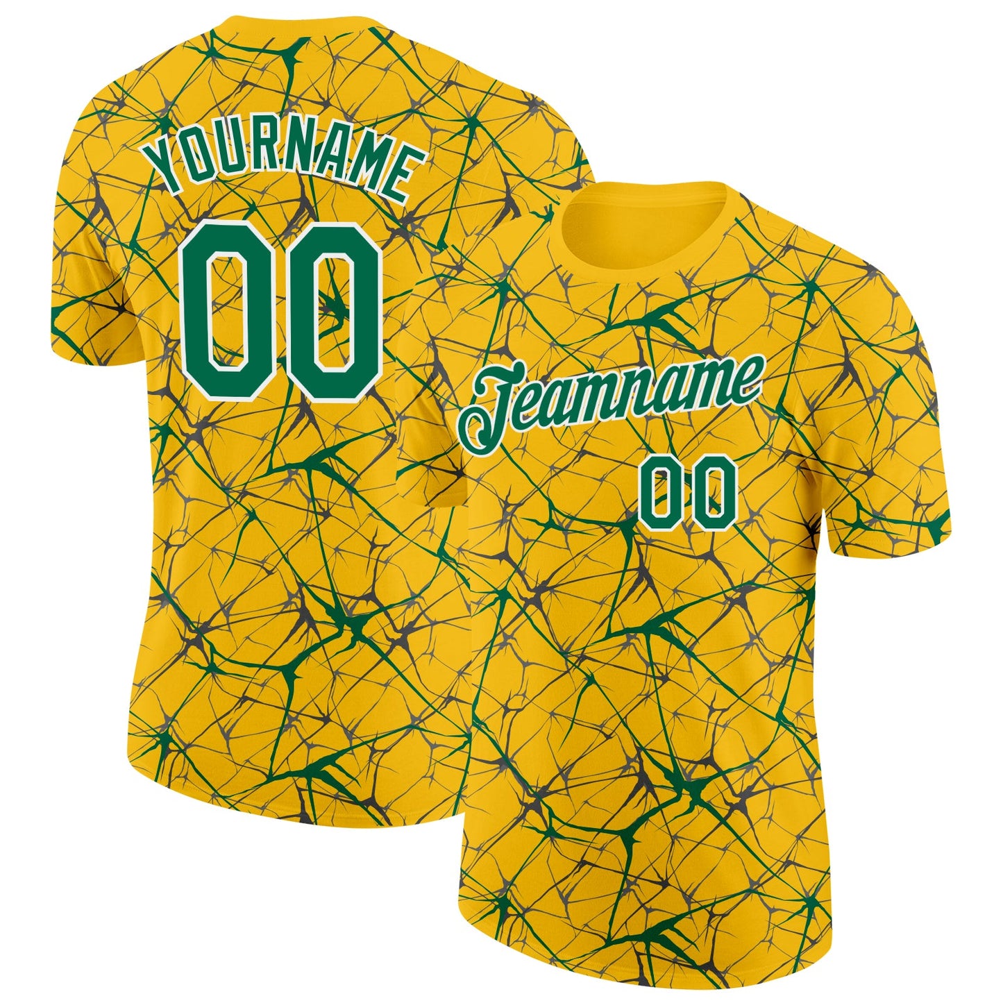 Custom Yellow Kelly Green Gray-White Abstract Network Crackle Performance T-Shirt - Main View